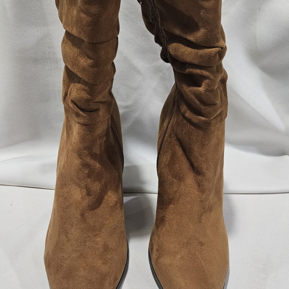 Brown Faux Suede Slouchy Pointed Toe Block Heel Ankle Boots, Size 8 1/2 - Picture 9 of 10